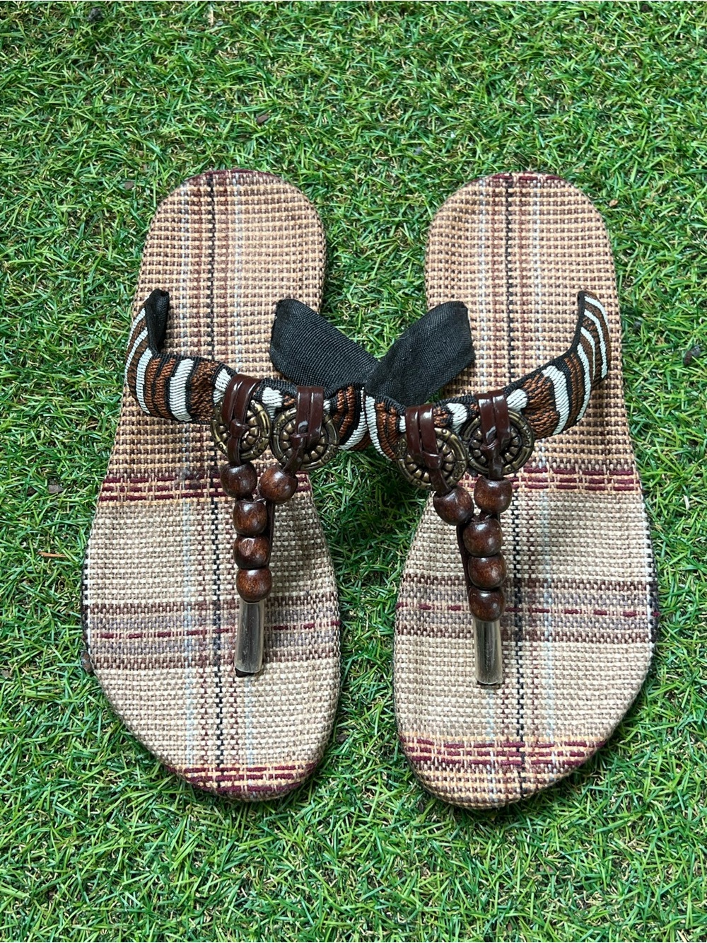 Boho Beaded Thong Sandals in Brown & Black